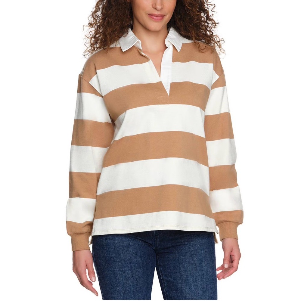 Lands' End Women's Long Sleeve Rugby Polo in Tan and White